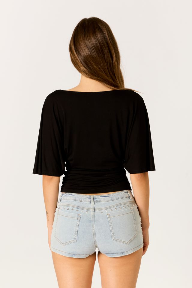 Ruched Flutter Sleeve Top in black back view