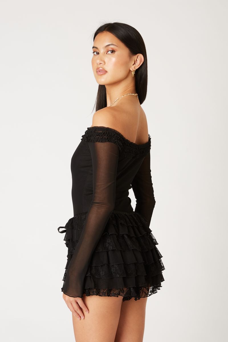 Off-The-Shoulder Ruffle Mesh Top in black side view
