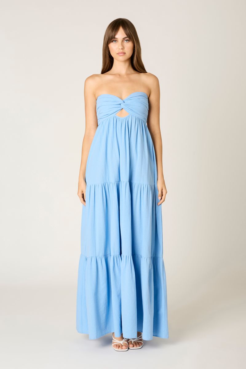 Strapless Tiered Maxi Dress in island blue front view