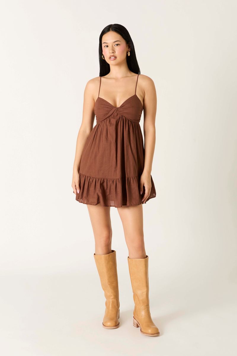 Twist Front Babydoll Mini Dress in cocoa front view