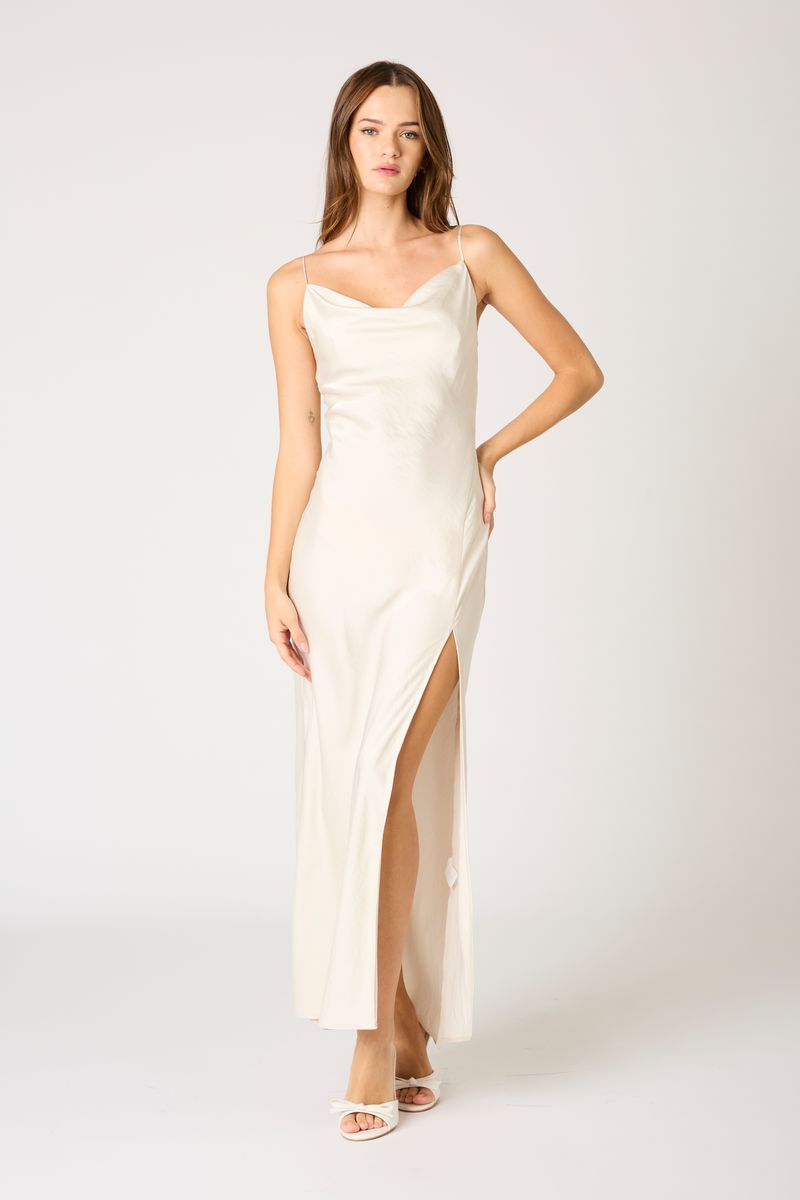 Cowl Neck High Slit Gown in cream front view