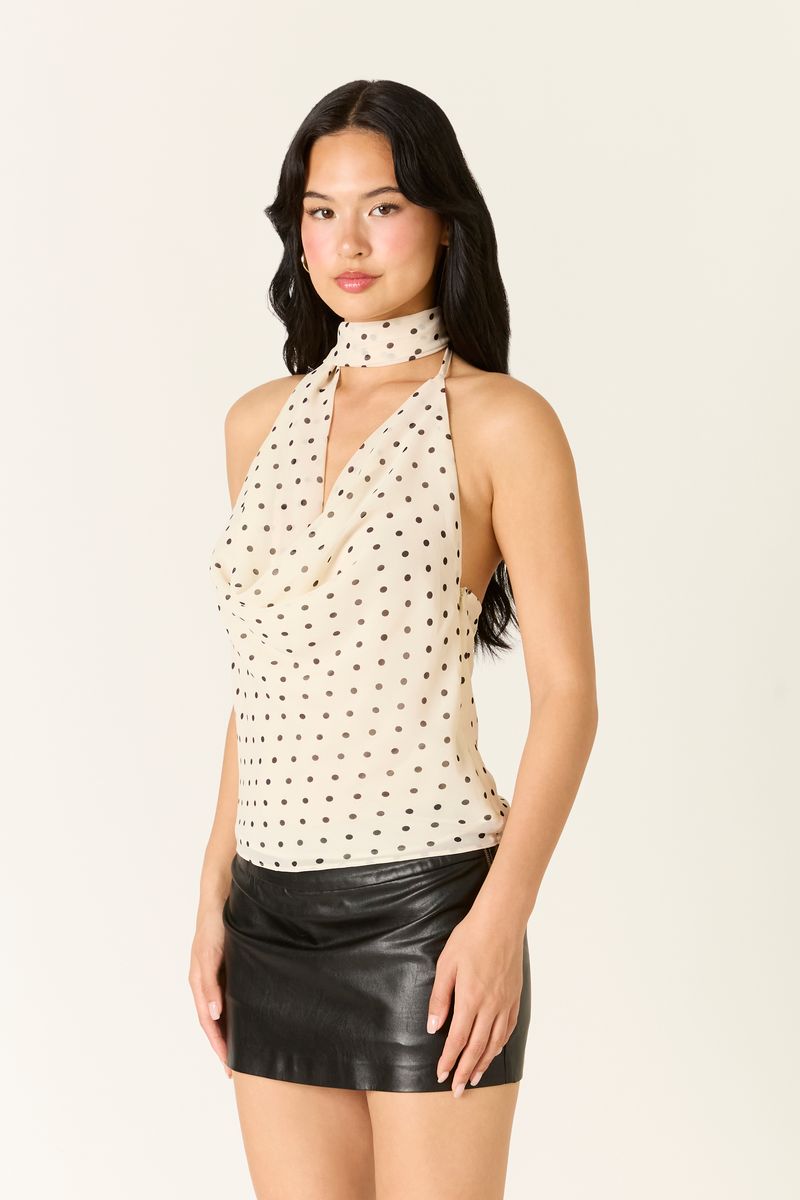 Polka Dot Cowl Neck Top in ecru side view