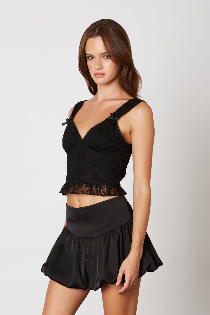 Lace Ruffle Bow Top in black side view