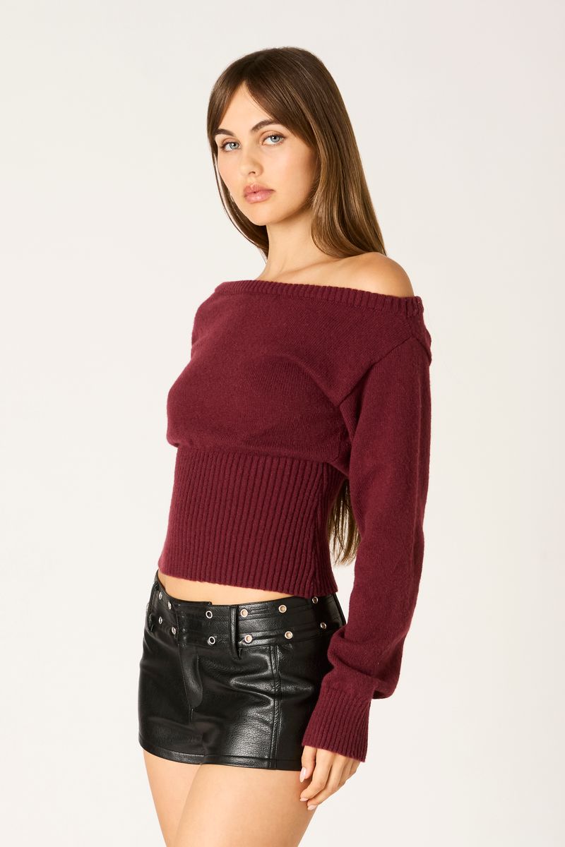 Off-Shoulder Sweater Top in garnet side view