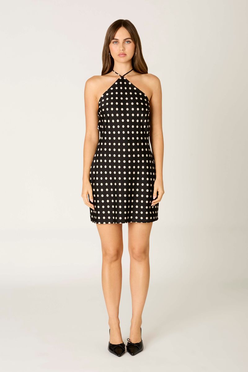 Polka Dot Halter Neck Mini Dress in black front view
