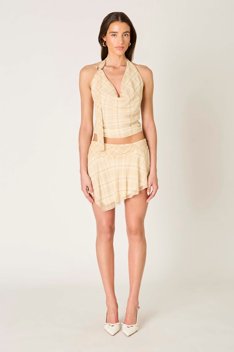 Plaid Cowl Neck Halter Top in butter front view