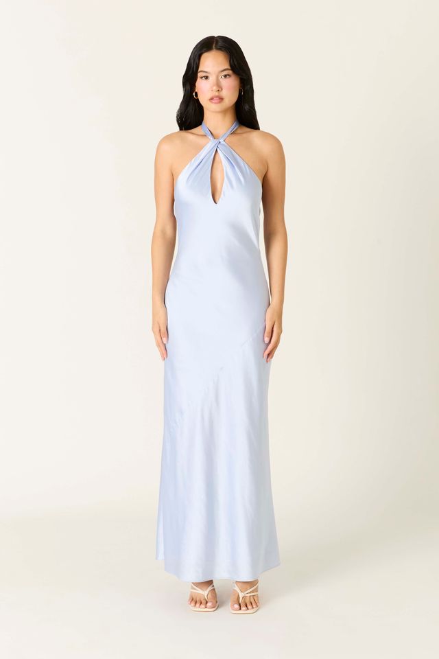 Satin Keyhole Maxi Dress in slate blue front view