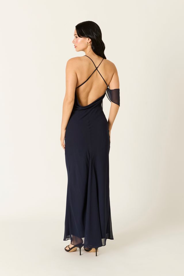 Cowlback Maxi Dress in midnight back side view