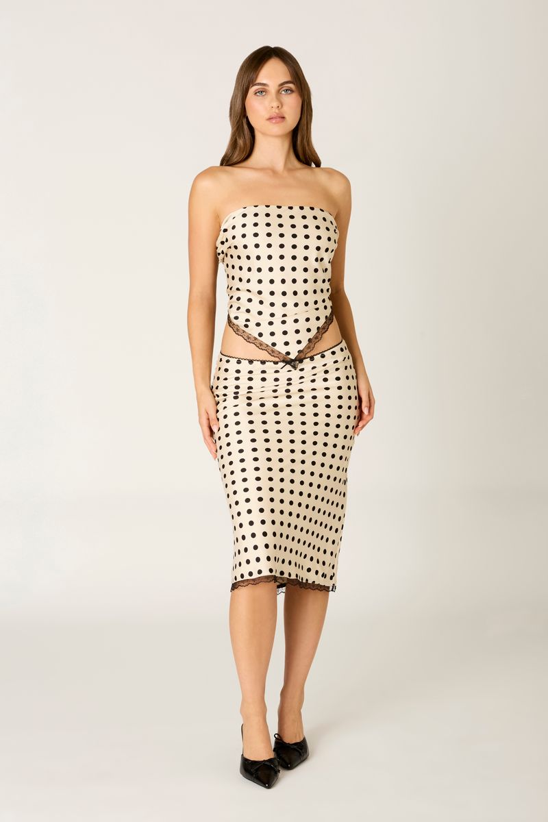 Lace Trim Polka Dot Midi Skirt in ivory front view