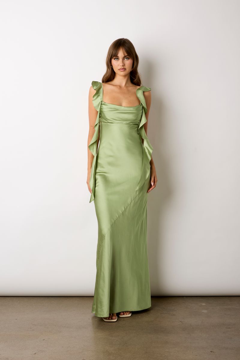 Waterfall Ruffle Maxi Dress in basil front view