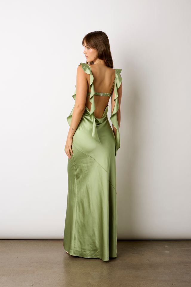 Waterfall Ruffle Maxi Dress in basil back side view