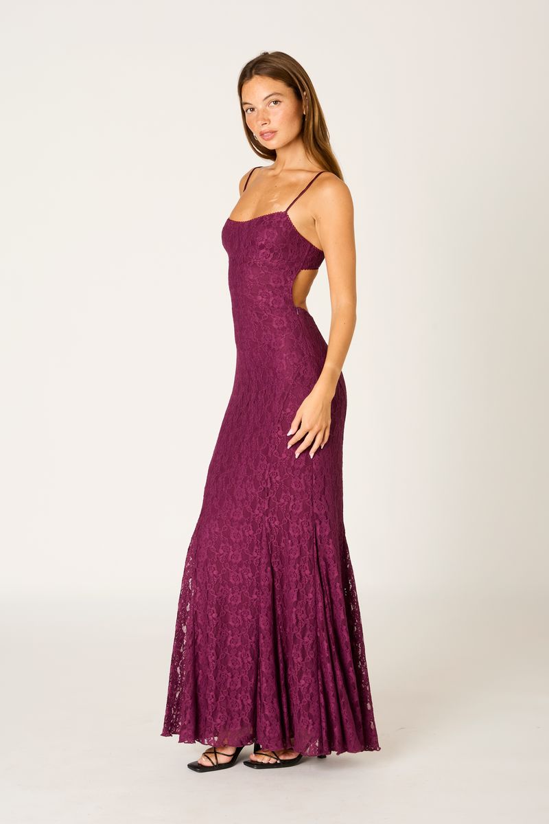 Lace Maxi Dress in plum side view
