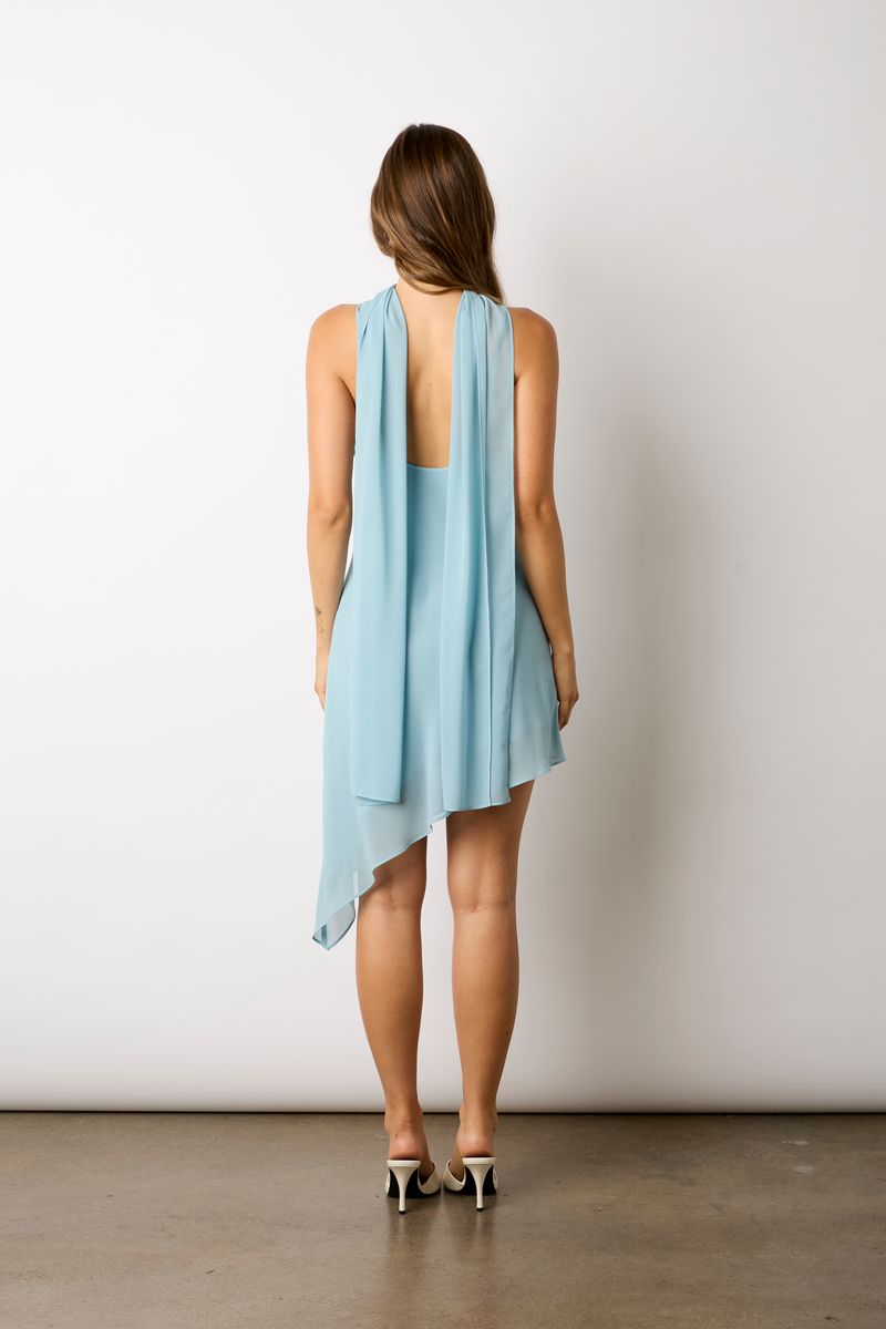 Asymmetrical Chiffon Mini Dress in celadon back view