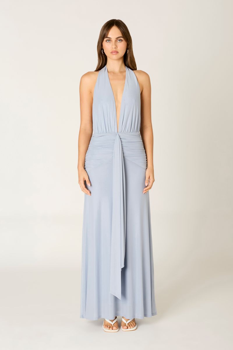 Jersey Halter Maxi Dress in slate blue front view