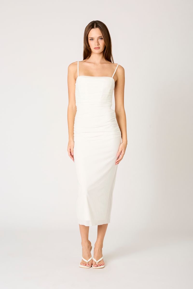 Corset Mesh Midi Dress in white front view