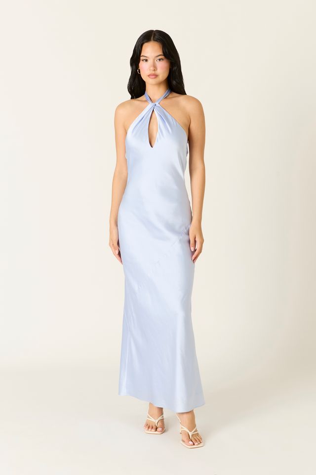 Satin Keyhole Maxi Dress in slate blue front view