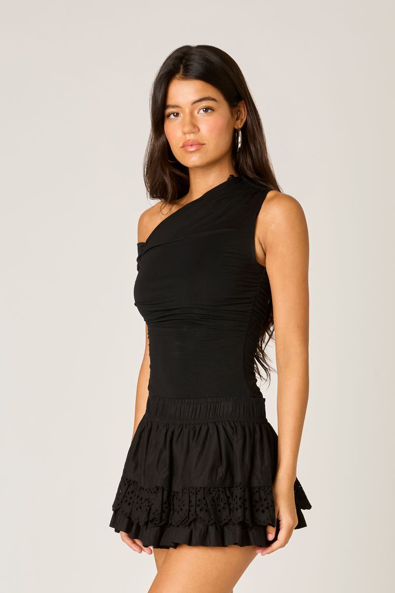 Eyelet Ruffle Mini Skirt in black side view