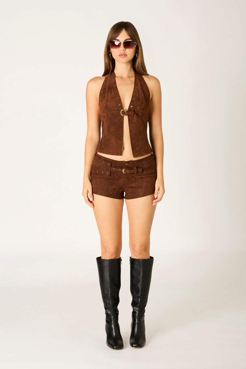 Faux Suede Shorts in chocolate front view