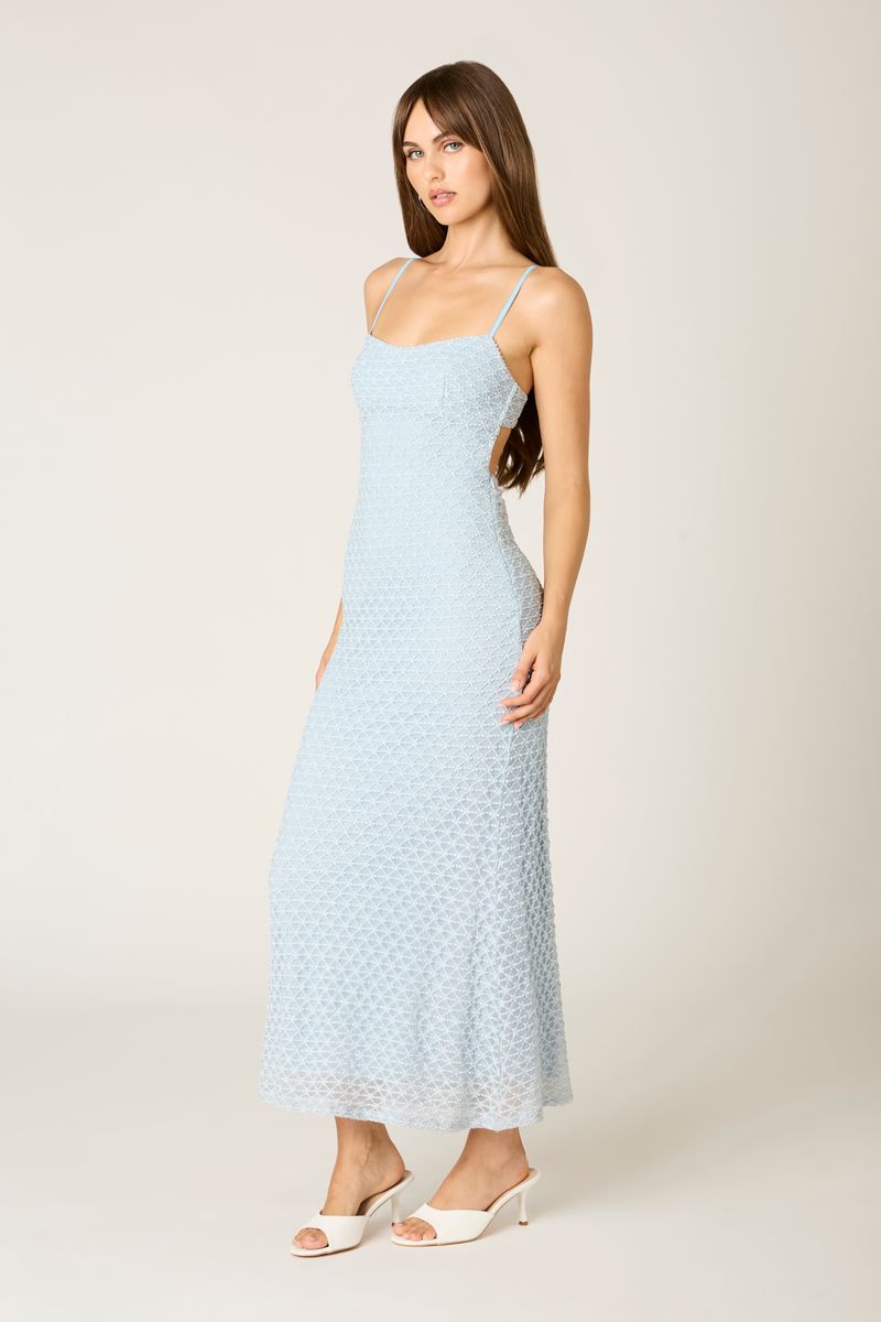 Textured Mesh Midi Dress in slate blue side view