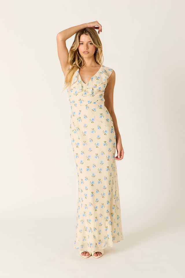 Ruffle Trim Floral Maxi Dress in butter front view