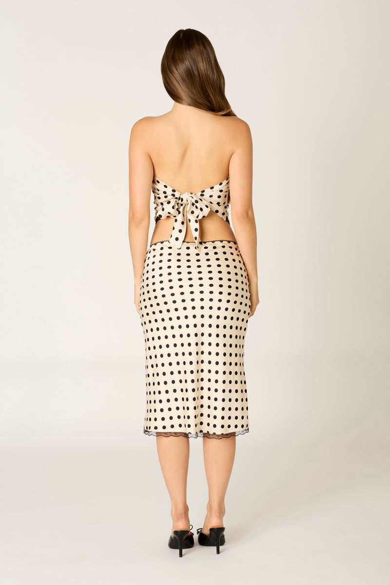 Lace Trim Polka Dot Midi Skirt in ivory back view
