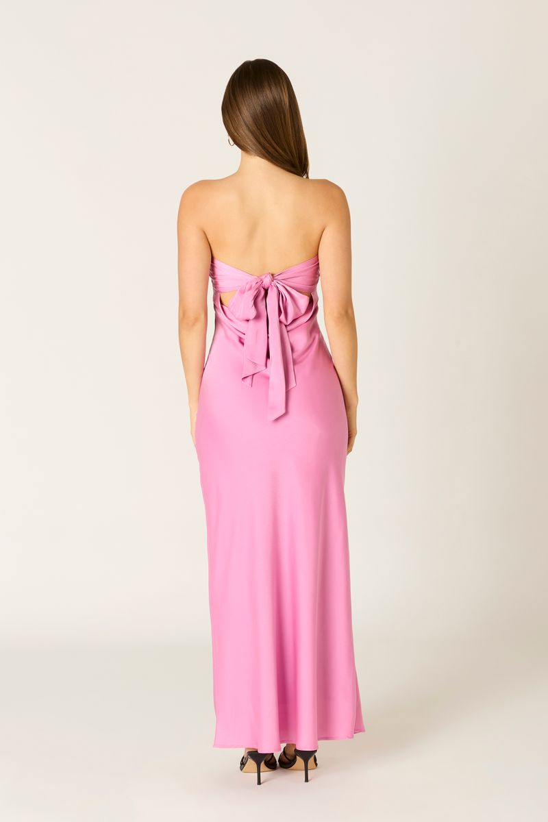 Tie-back Strapless Maxi Dress in peony pink back view