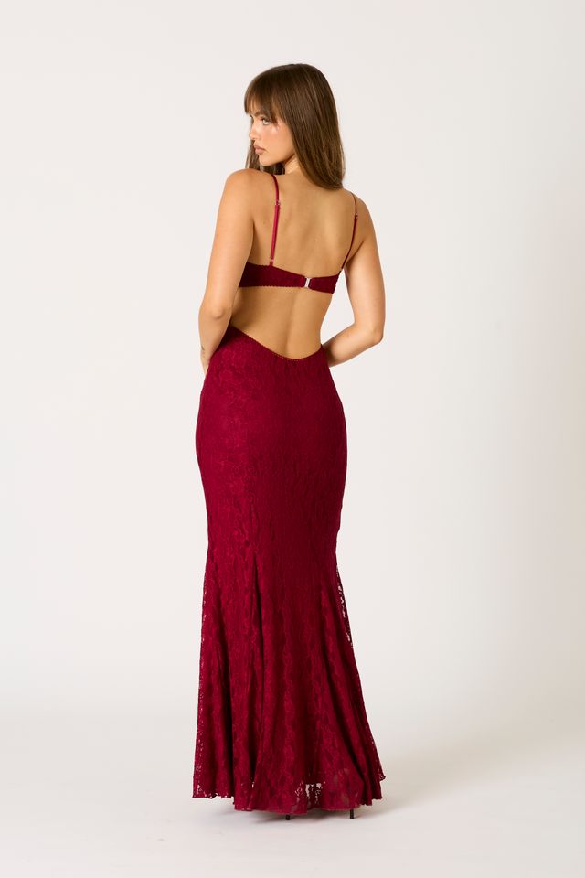 Lace Maxi Dress in wine back side view