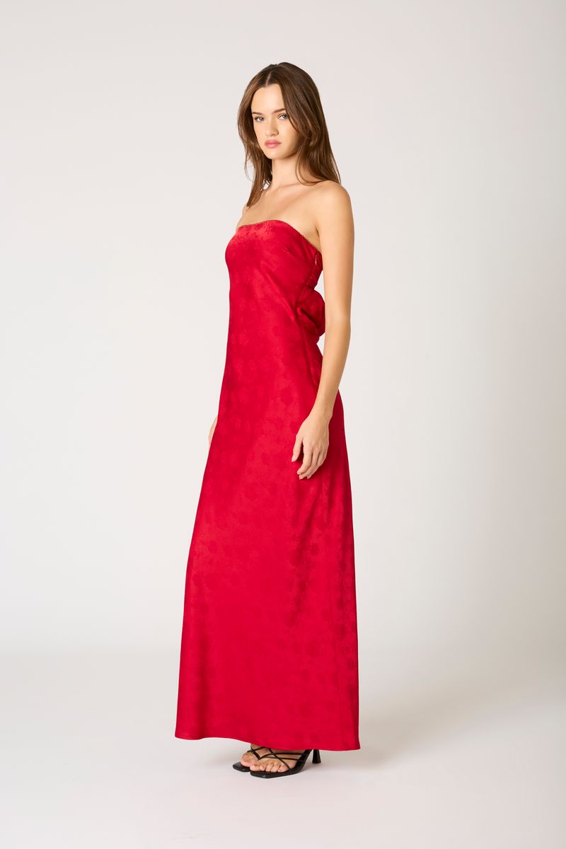 Strapless Open Cowl Back Gown in crimson side view