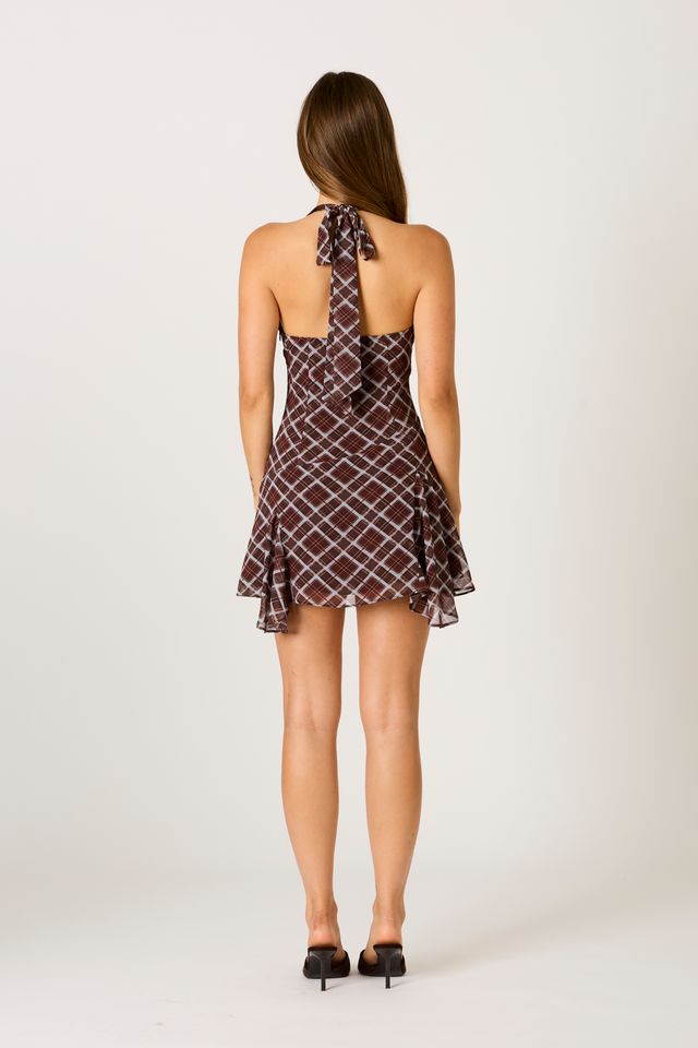 Plaid Halter Mini Dress in espresso back view
