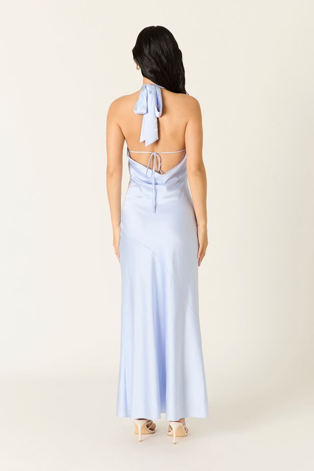 Satin Keyhole Maxi Dress in slate blue back view