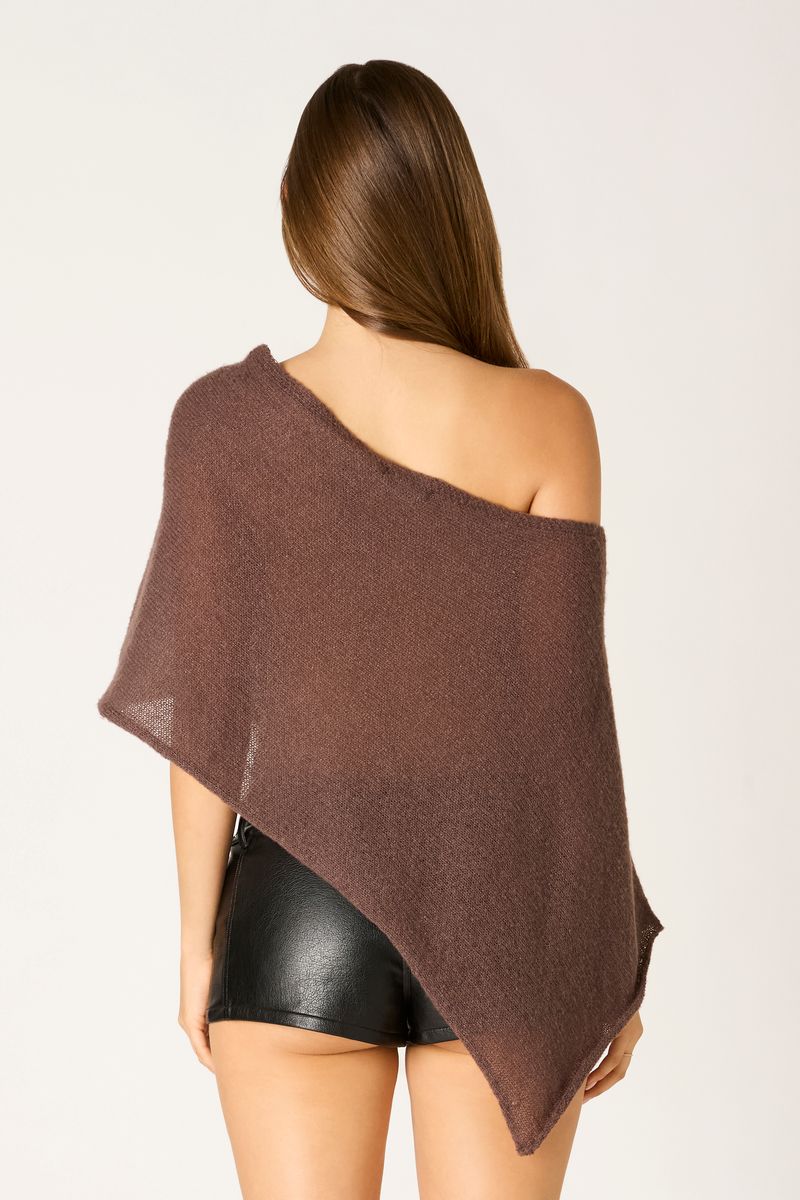 Asymmetric Sheer Knit Poncho in chocolate back view