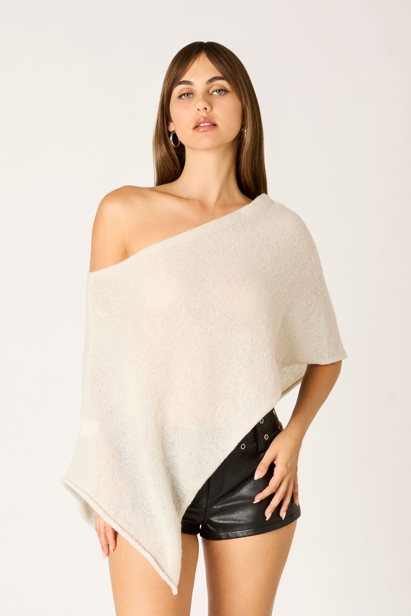 Asymmetric Sheer Knit Poncho in stone front view