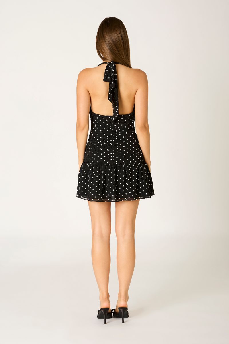 Polka Dot Halter Mini Dress in black back view