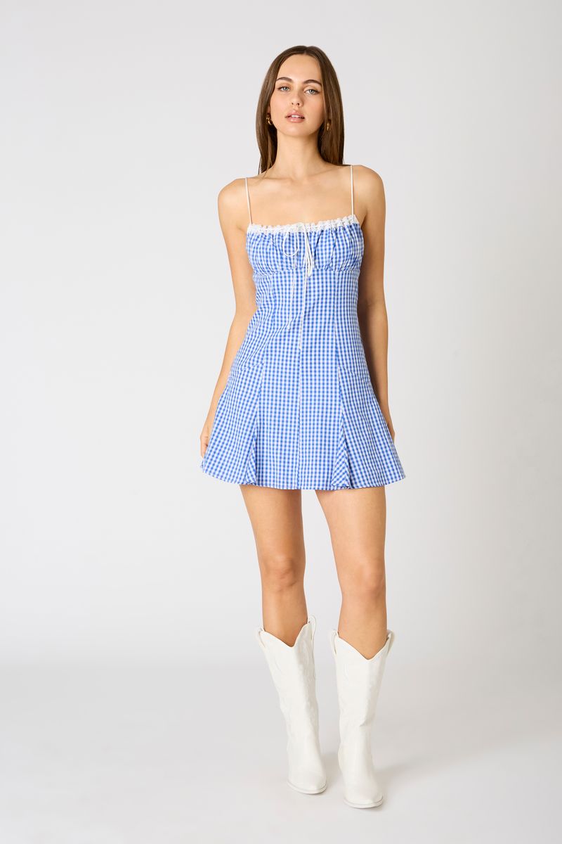 Milkmaid Gingham Mini Dress in blue front view