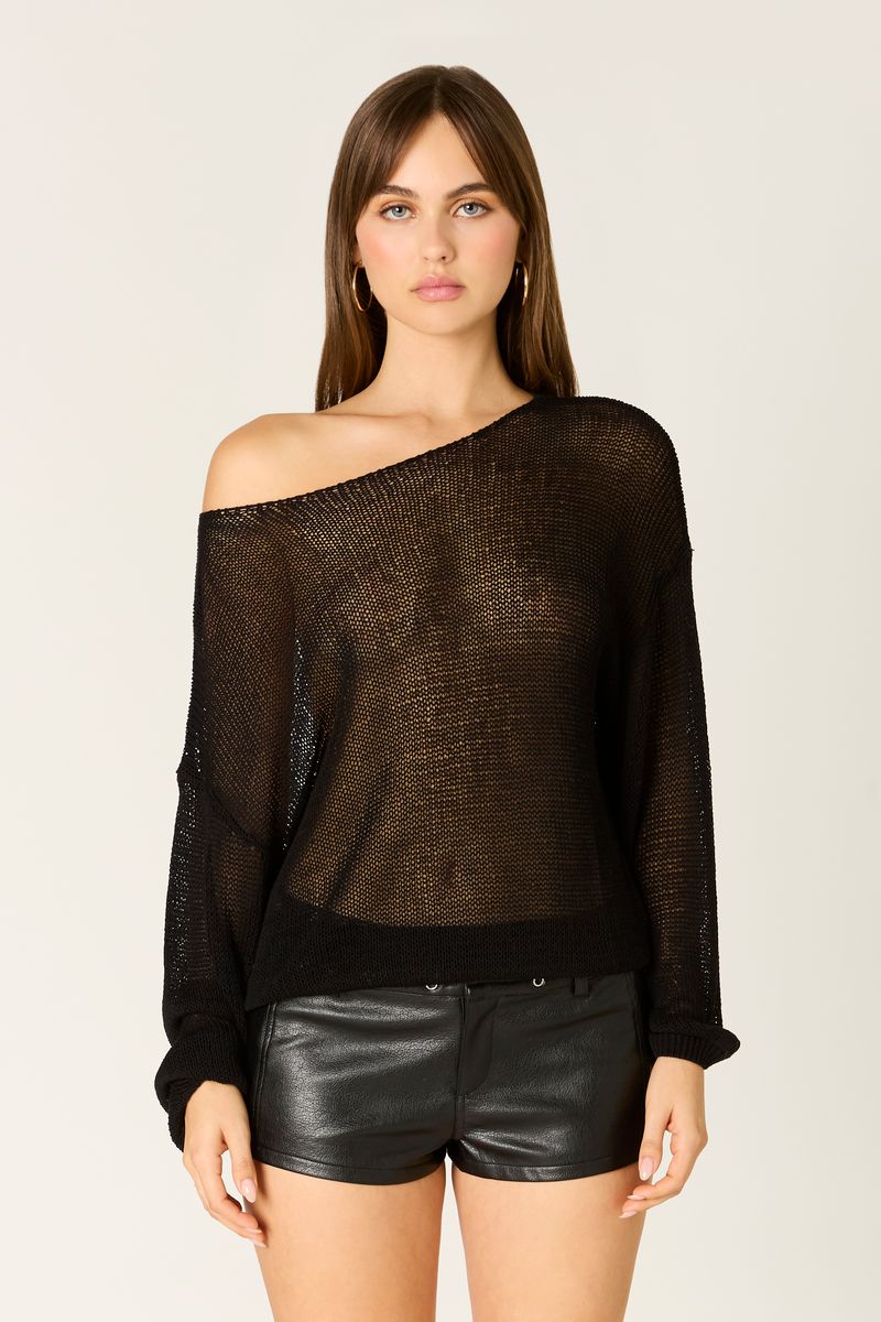 Sheer Off-the-Shoulder Knit Sweater in black front view