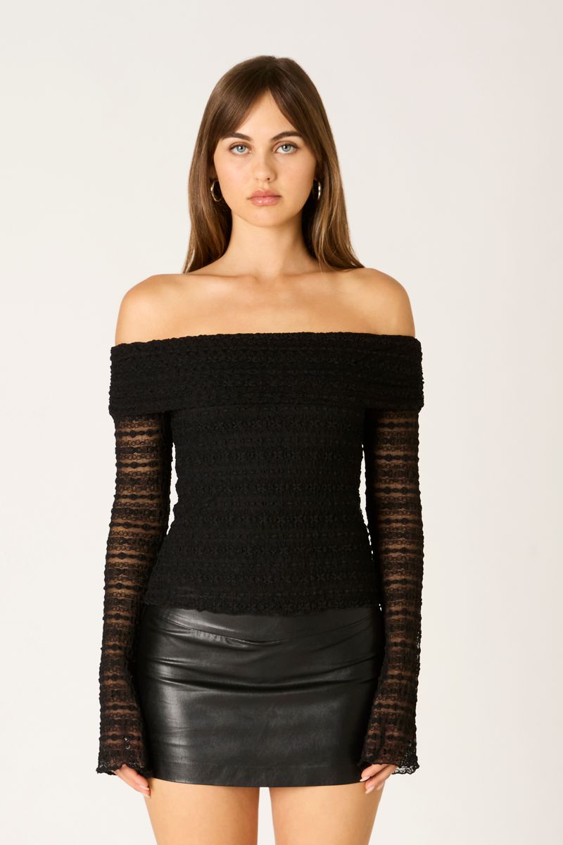 Stretch Lace Off-Shoulder Top in black front view