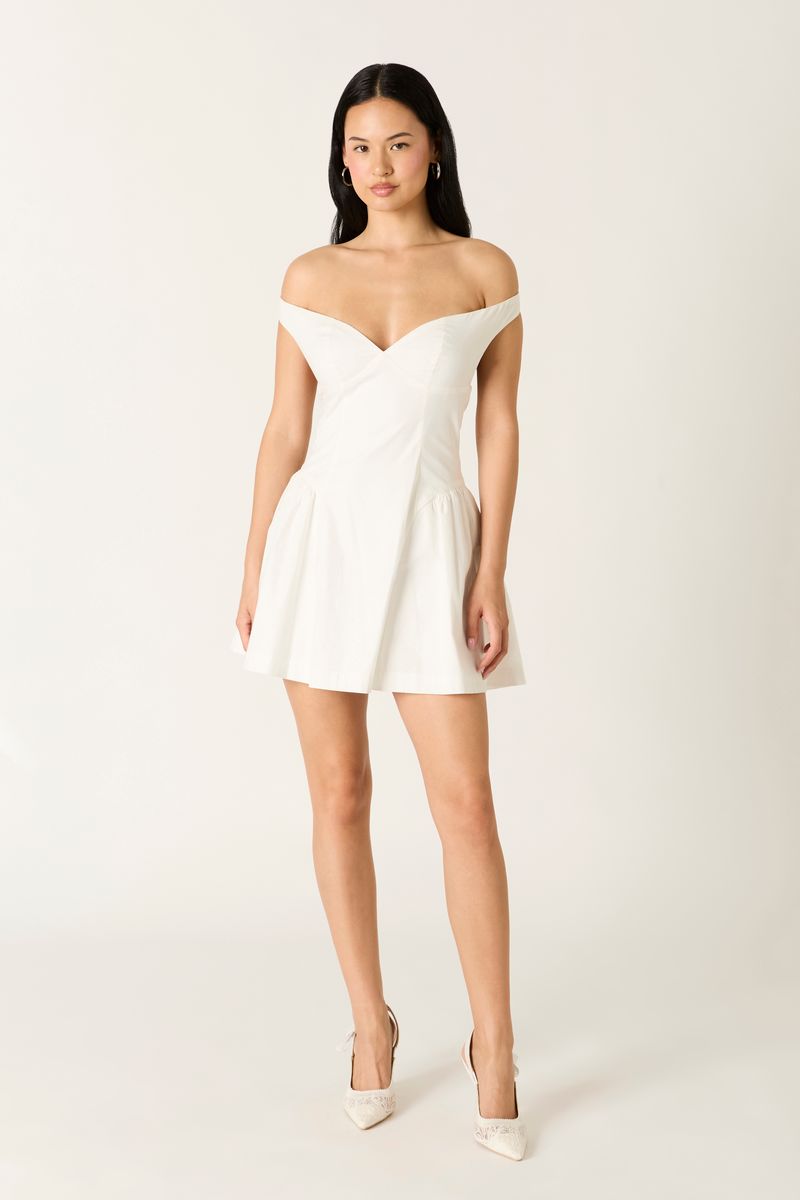 Off-Shoulder A-line Mini Dress in white front view