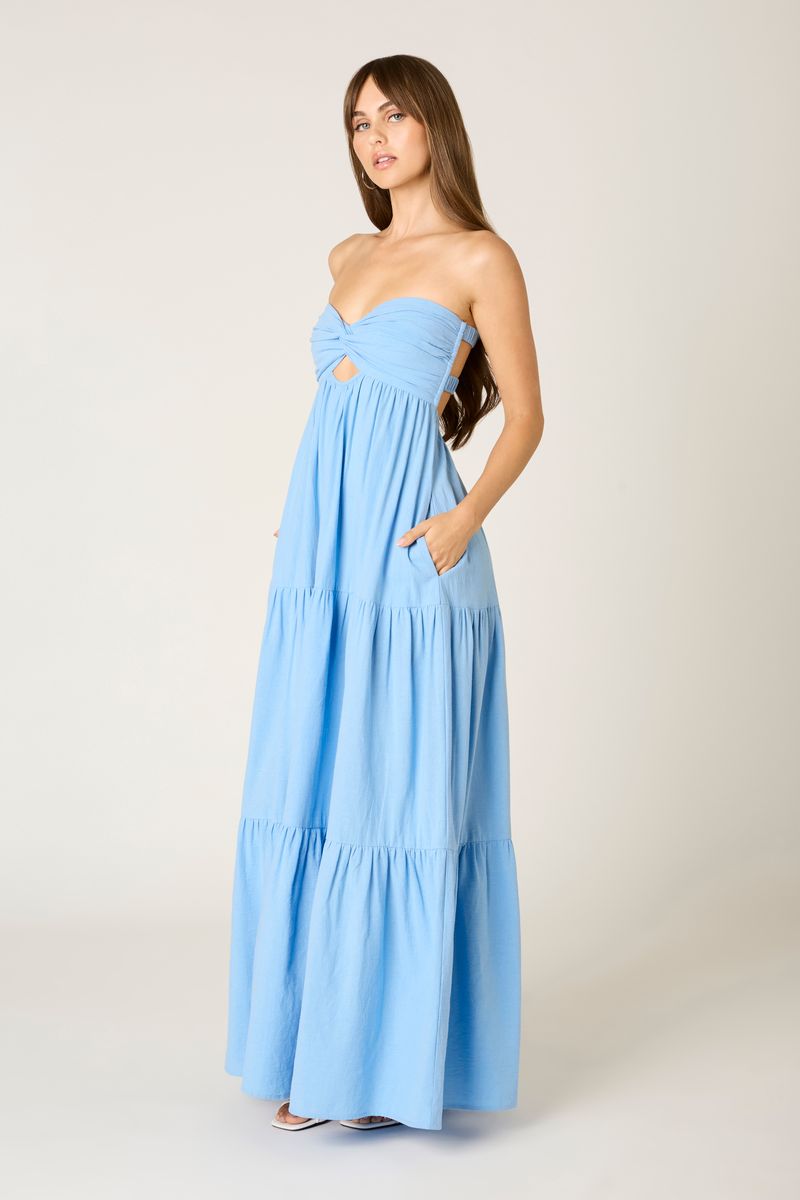 Strapless Tiered Maxi Dress in island blue side view