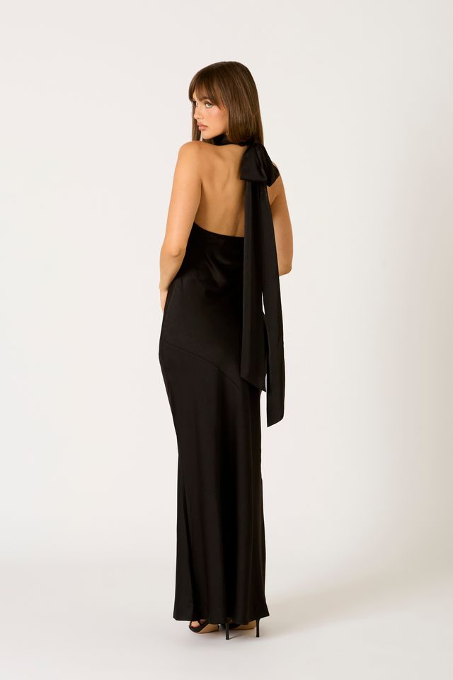 Open Back Halter Maxi Dress in black back side view