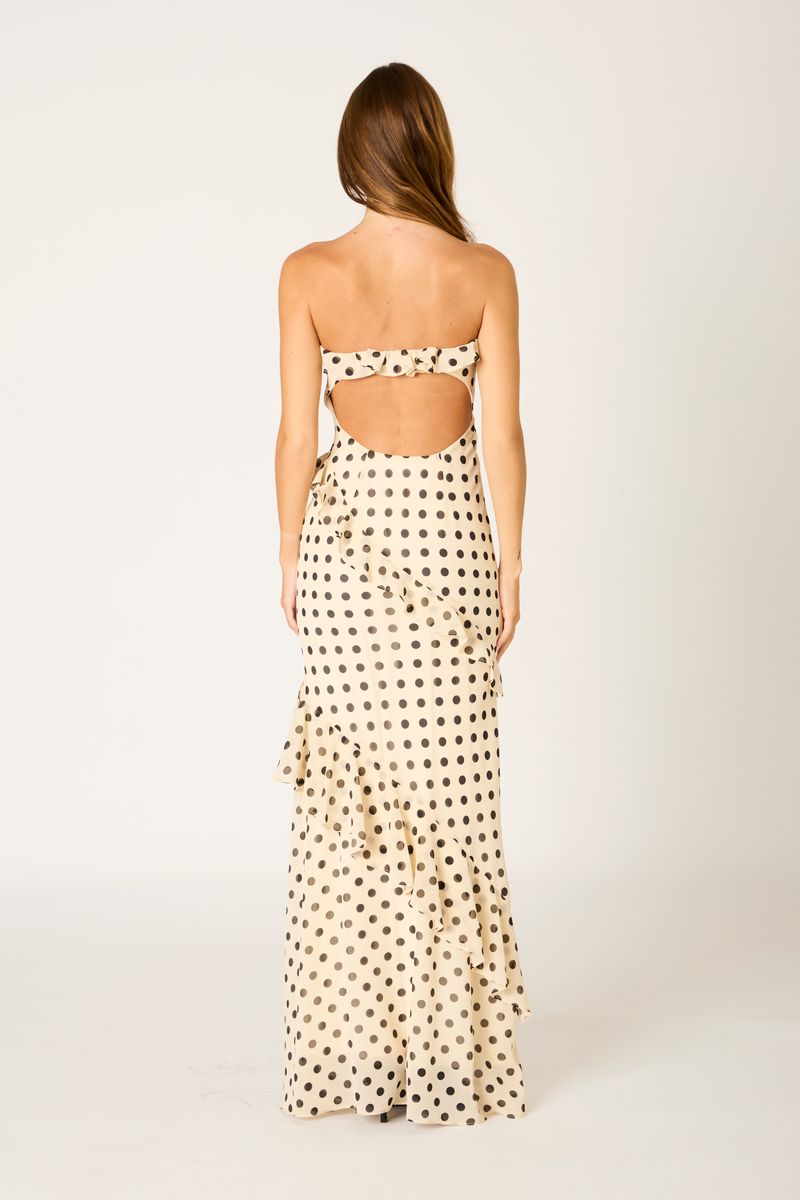 Polka Dot Cascade Maxi Dress in ecru back view