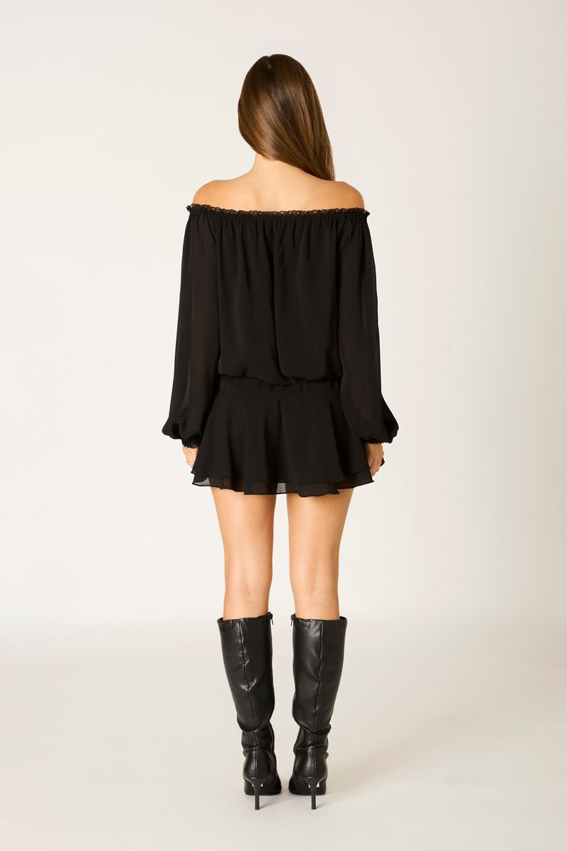 Chiffon Off-The-Shoulder Mini Dress in black back view