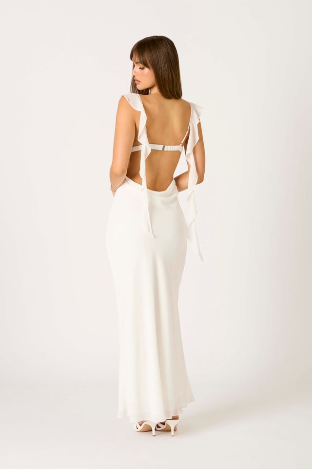 Waterfall Ruffle Maxi Dress in white back side view