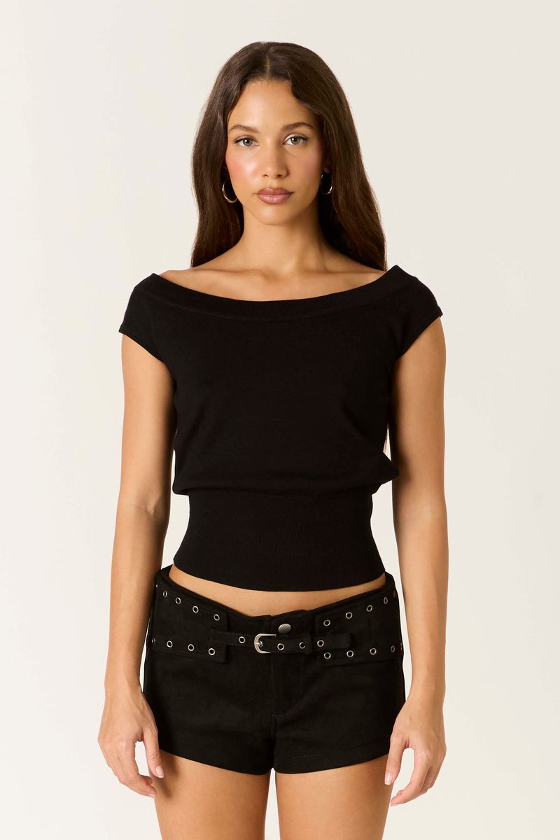 Short Sleeve Knit Top in black front view
