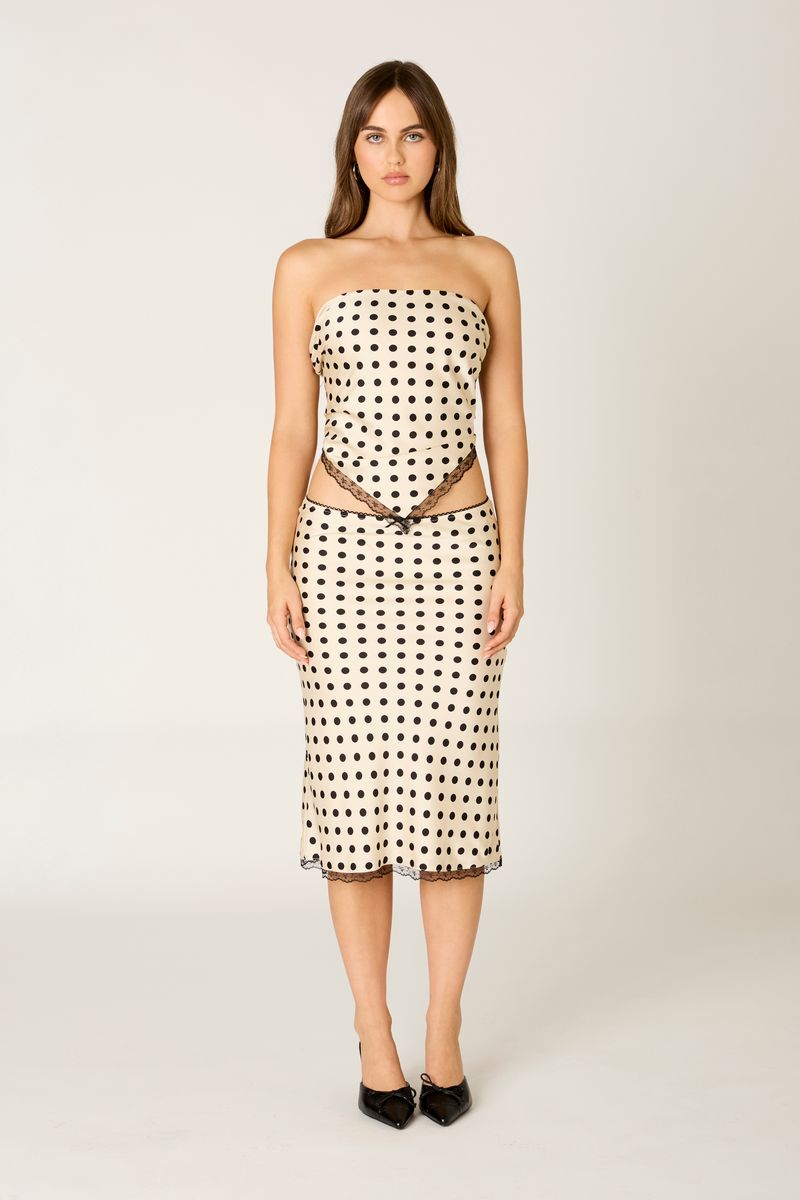 Lace Trim Polka Dot Midi Skirt in ivory front view