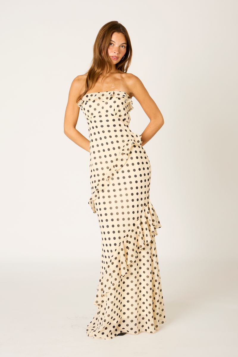 Polka Dot Cascade Maxi Dress in ecru front view