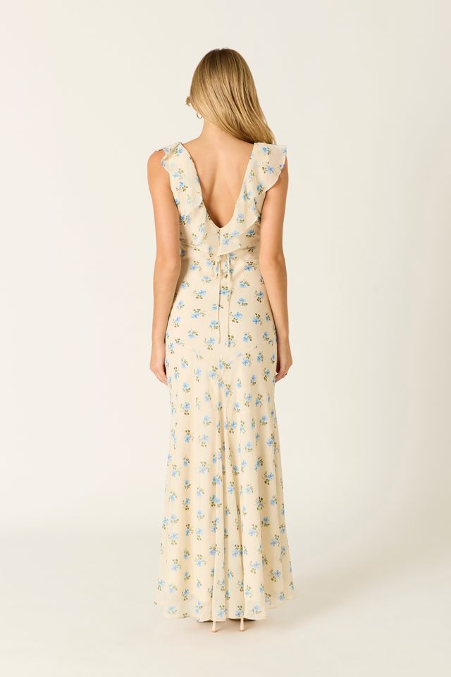 Ruffle Trim Floral Maxi Dress in butter back view
