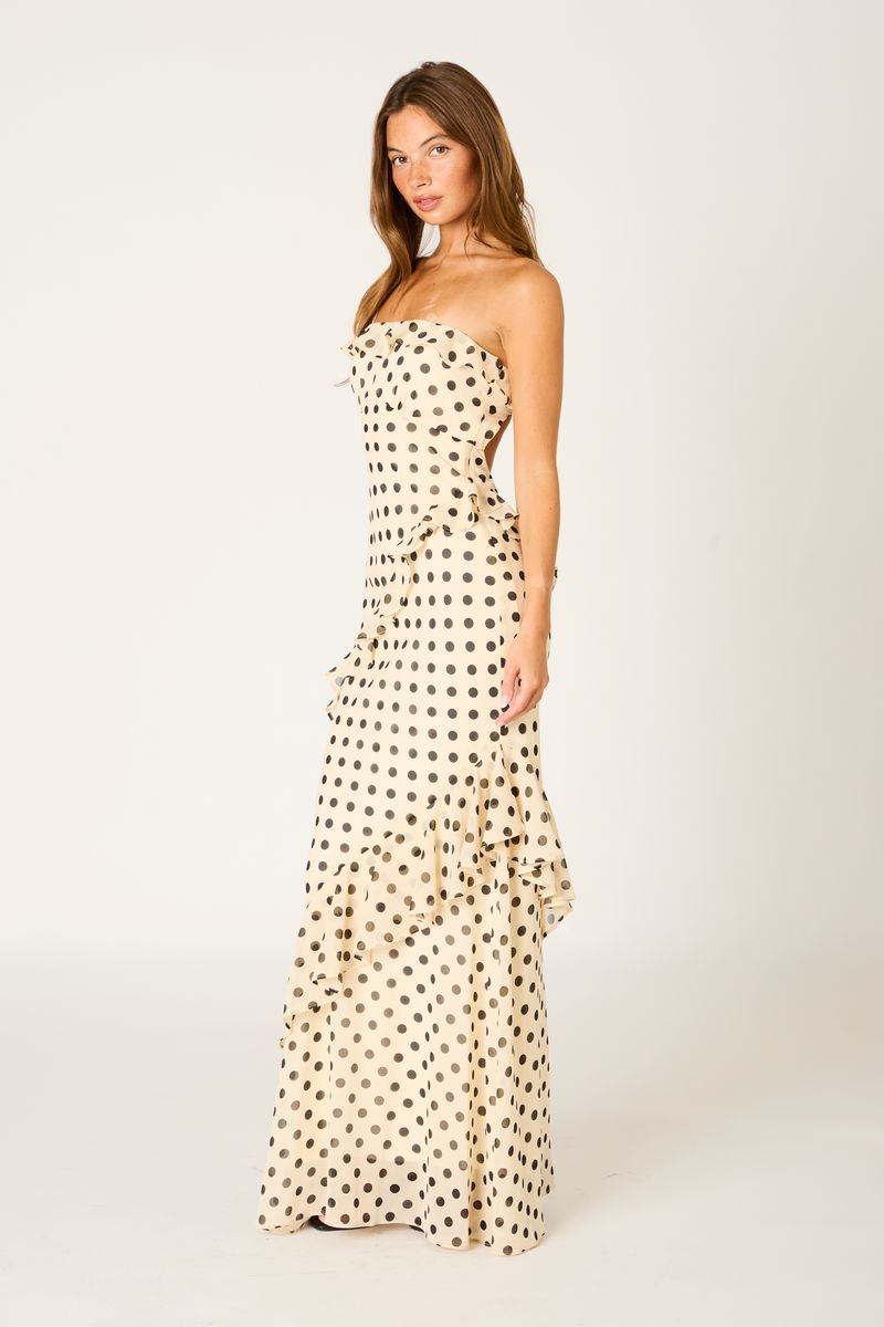 Polka Dot Cascade Maxi Dress in ecru side view