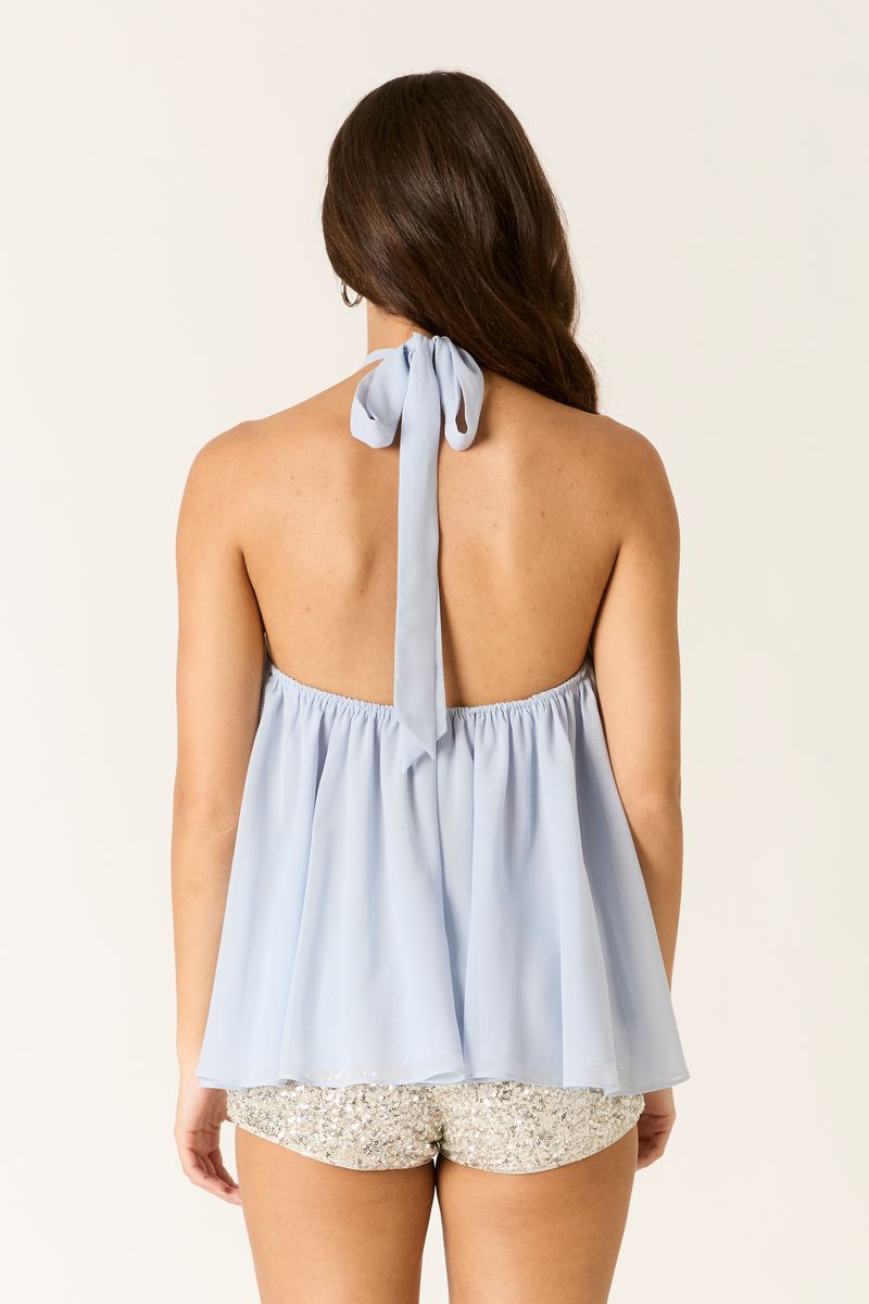 Chiffon Halter Top in cloud blue back view