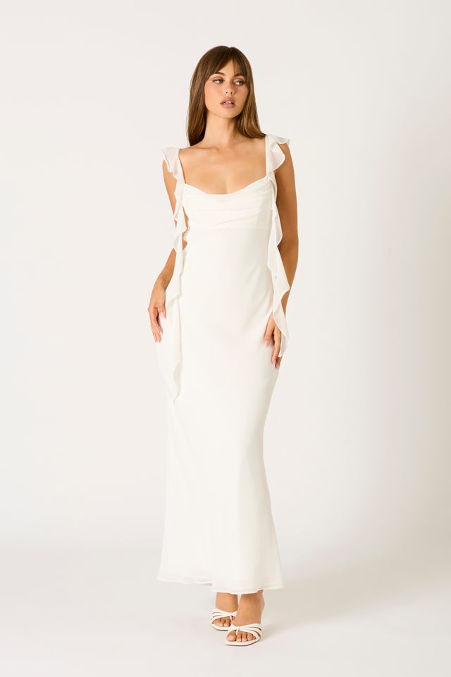 Waterfall Ruffle Maxi Dress in white front view