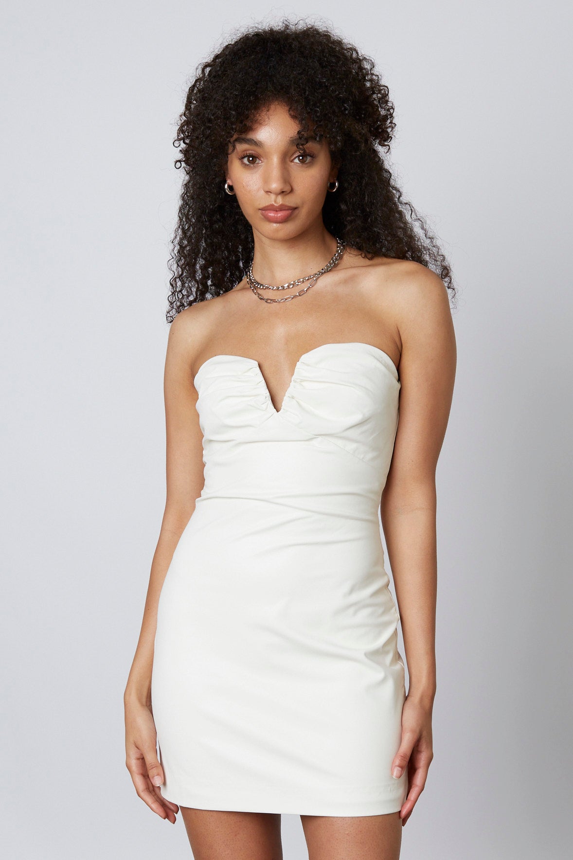 Faux Leather Mini Dress in Ivory Front View